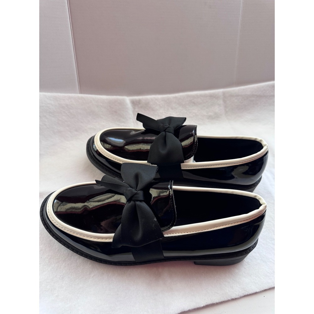 Aitaotain Women Black Patent bow Loafer White Trim Lug Sole Slip On Shoe  42